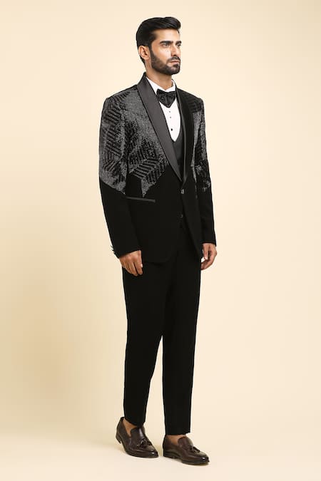 Shop Arihant Rai Sinha Black , Taffeta, Satin Beads, Linear Embroidered Tuxedo Trouser Set Online at Aza Fashions Shop_Arihant Rai Sinha_Black , Taffeta, Satin Beads, Linear Embroidered Tuxedo Trouser Set _Online_at_Aza_Fashions