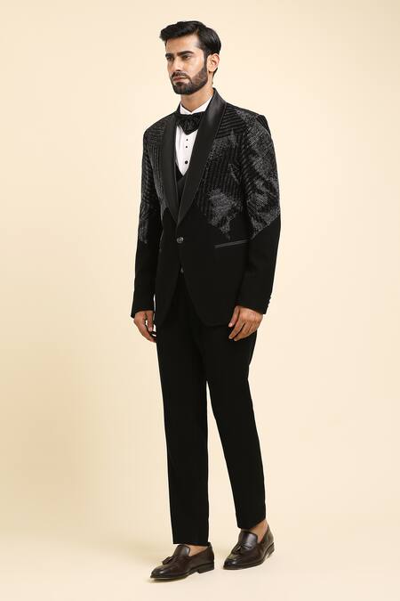 Arihant Rai Sinha Black , Taffeta, Satin Beads, Linear Embroidered Tuxedo Trouser Set at Aza Fashions Arihant Rai Sinha_Black , Taffeta, Satin Beads, Linear Embroidered Tuxedo Trouser Set _at_Aza_Fashions