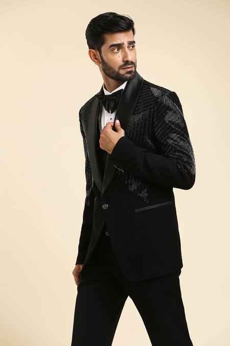 Buy Arihant Rai Sinha Black , Taffeta, Satin Beads, Linear Embroidered Tuxedo Trouser Set Buy_Arihant Rai Sinha_Black , Taffeta, Satin Beads, Linear Embroidered Tuxedo Trouser Set