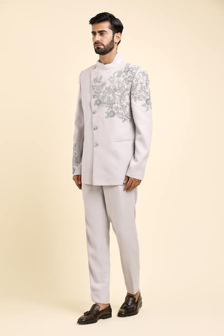 Arihant Rai Sinha_Grey Cotton Cut Work Hand Embroidered Bandhgala With Trouser _Online_at_Aza_Fashions