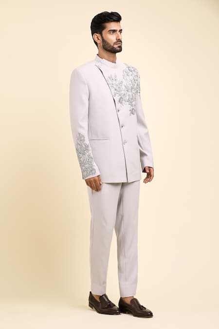 Buy_Arihant Rai Sinha_Grey Cotton Cut Work Hand Embroidered Bandhgala With Trouser _Online_at_Aza_Fashions