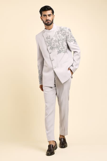 Shop_Arihant Rai Sinha_Grey Cotton Cut Work Hand Embroidered Bandhgala With Trouser _Online_at_Aza_Fashions