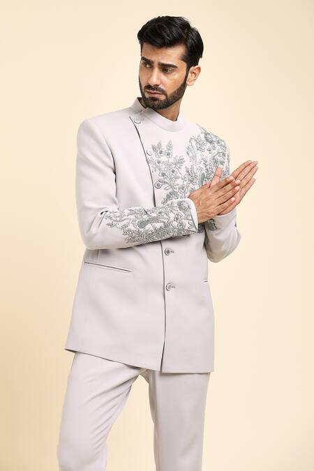 Arihant Rai Sinha_Grey Cotton Cut Work Hand Embroidered Bandhgala With Trouser _at_Aza_Fashions