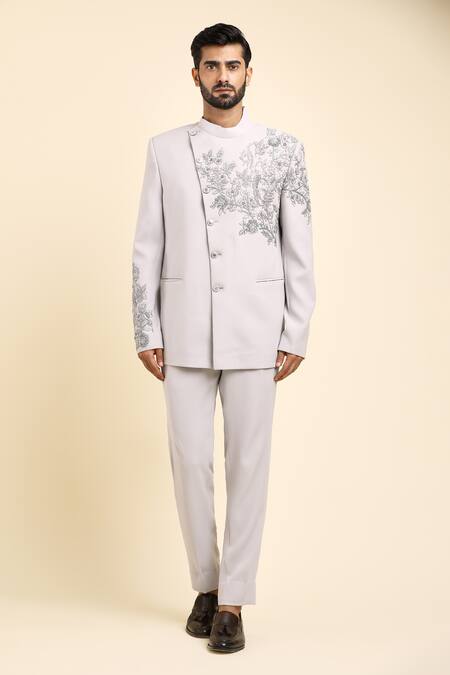 Shop_Arihant Rai Sinha_Grey Cotton Cut Work Hand Embroidered Bandhgala With Trouser 