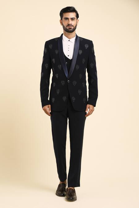 Shop_Arihant Rai Sinha_Blue , Satin Cut Work, Floral Motif Embroidered Tuxedo Trouser Set_Online_at_Aza_Fashions