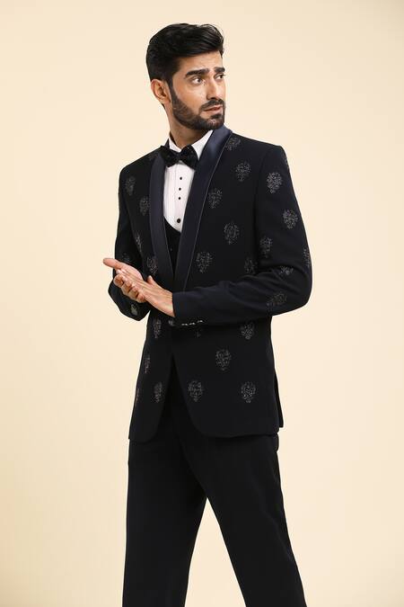 Buy_Arihant Rai Sinha_Blue , Satin Cut Work, Floral Motif Embroidered Tuxedo Trouser Set