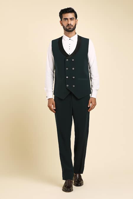 Arihant Rai Sinha_Green Cotton, Polyester Cut Work, Beads Cutdana Embroidered Tuxedo Set _Online_at_Aza_Fashions