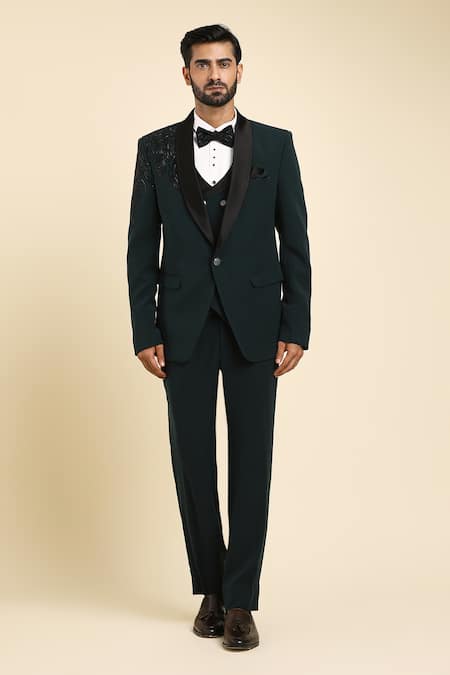 Shop_Arihant Rai Sinha_Green Cotton, Polyester Cut Work, Beads Cutdana Embroidered Tuxedo Set _Online_at_Aza_Fashions