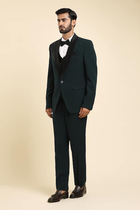 Arihant Rai Sinha_Green Cotton, Polyester Cut Work, Beads Cutdana Embroidered Tuxedo Set _at_Aza_Fashions