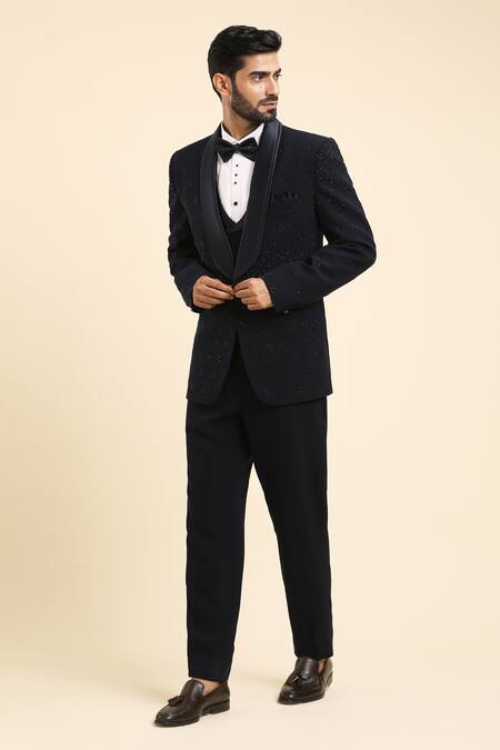 Arihant Rai Sinha_Blue Cotton, Polyester Cut Work, Beads Geometric Embroidered Tuxedo Set _at_Aza_Fashions