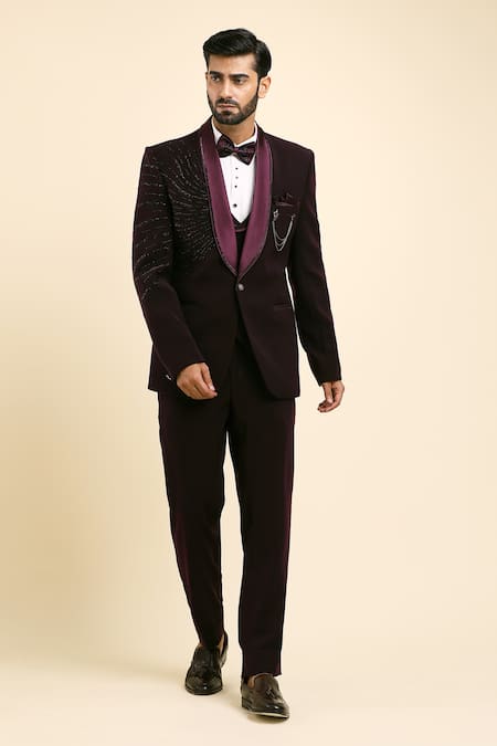 Aryavir Malhotra Wine Japanese Tr Embroidery Geometric Placement Cutdana Tuxedo And Trouser Set 