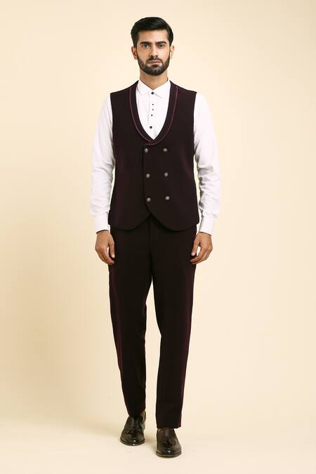 Arihant Rai Sinha_Wine Cotton, Polyester Beads, Placement Cutdana Embroidered Tuxedo And Trouser Set _Online_at_Aza_Fashions