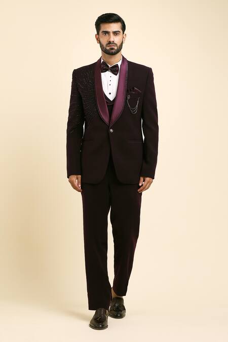 Shop_Arihant Rai Sinha_Wine Cotton, Polyester Beads, Placement Cutdana Embroidered Tuxedo And Trouser Set _Online_at_Aza_Fashions