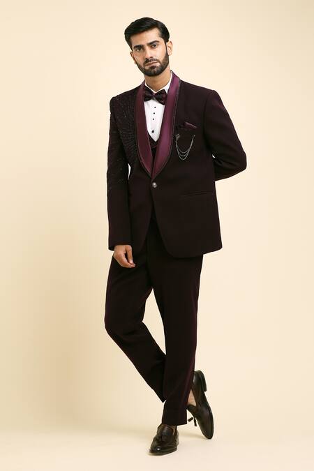 Arihant Rai Sinha_Wine Cotton, Polyester Beads, Placement Cutdana Embroidered Tuxedo And Trouser Set _at_Aza_Fashions