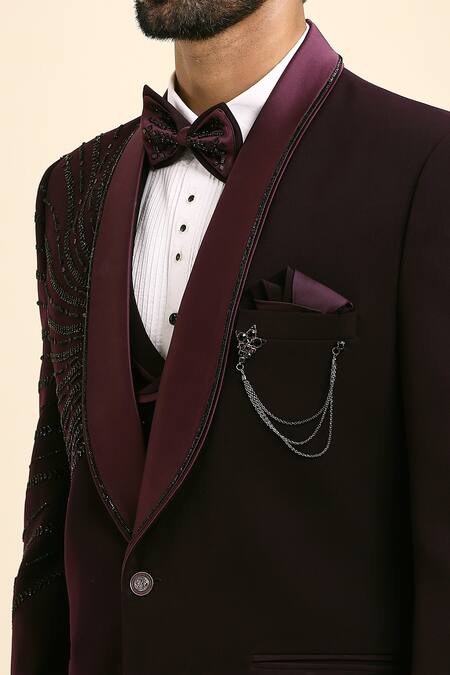 Buy_Arihant Rai Sinha_Wine Cotton, Polyester Beads, Placement Cutdana Embroidered Tuxedo And Trouser Set 
