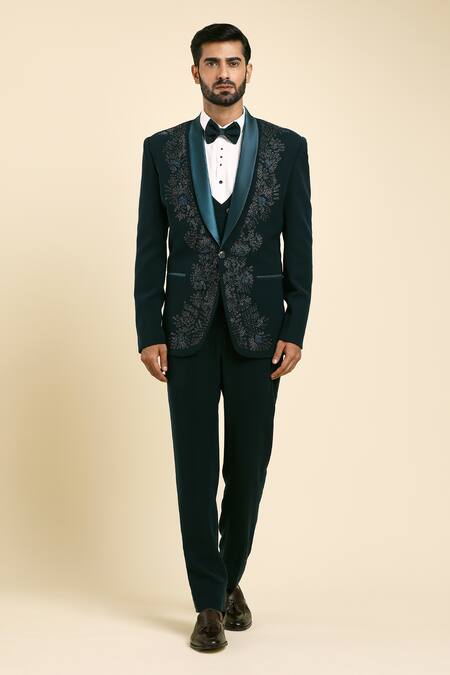 Shop Arihant Rai Sinha Green Cotton, Polyester Embroidery, Beads, Cut Work Floral Cutdana Tuxedo Set Online at Aza Fashions Shop_Arihant Rai Sinha_Green Cotton, Polyester Embroidery, Beads, Cut Work Floral Cutdana Tuxedo Set _Online_at_Aza_Fashions