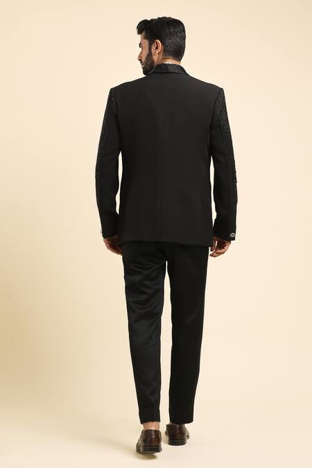 Shop Arihant Rai Sinha Black Cotton, Polyester Cut Placement Linear Embroidered Tuxedo Trouser Set at Aza Fashions Shop_Arihant Rai Sinha_Black Cotton, Polyester Cut Placement Linear Embroidered Tuxedo Trouser Set _at_Aza_Fashions