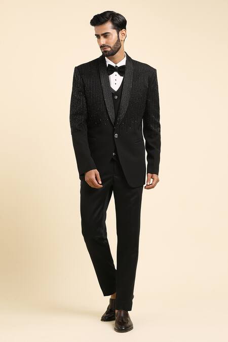 Shop Arihant Rai Sinha Black Cotton, Polyester Cut Placement Linear Embroidered Tuxedo Trouser Set Online at Aza Fashions Shop_Arihant Rai Sinha_Black Cotton, Polyester Cut Placement Linear Embroidered Tuxedo Trouser Set _Online_at_Aza_Fashions
