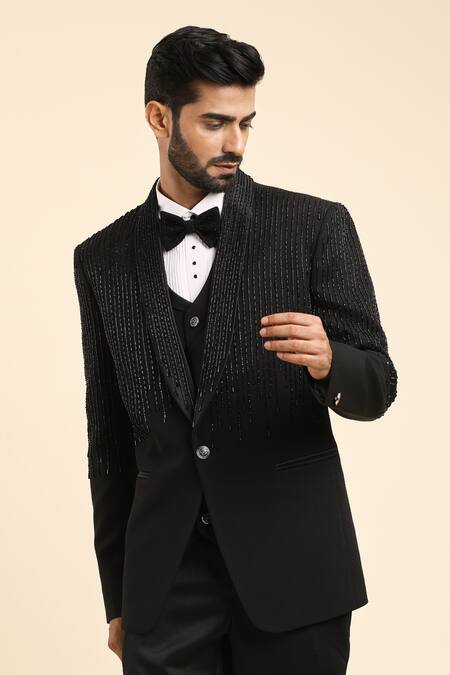 Arihant Rai Sinha Black Cotton, Polyester Cut Placement Linear Embroidered Tuxedo Trouser Set at Aza Fashions Arihant Rai Sinha_Black Cotton, Polyester Cut Placement Linear Embroidered Tuxedo Trouser Set _at_Aza_Fashions