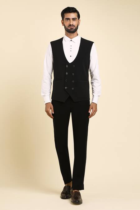 Buy_Arihant Rai Sinha_Black , Satin, Polyester Cut Abstract Wave Embroidered Tuxedo Set _Online_at_Aza_Fashions