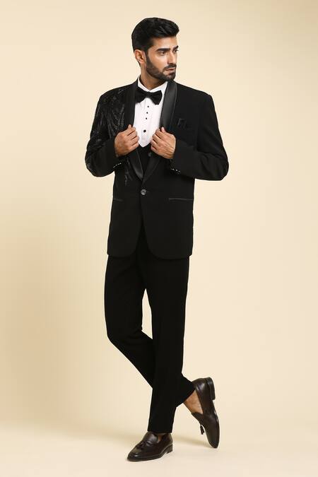 Shop_Arihant Rai Sinha_Black , Satin, Polyester Cut Abstract Wave Embroidered Tuxedo Set _Online_at_Aza_Fashions