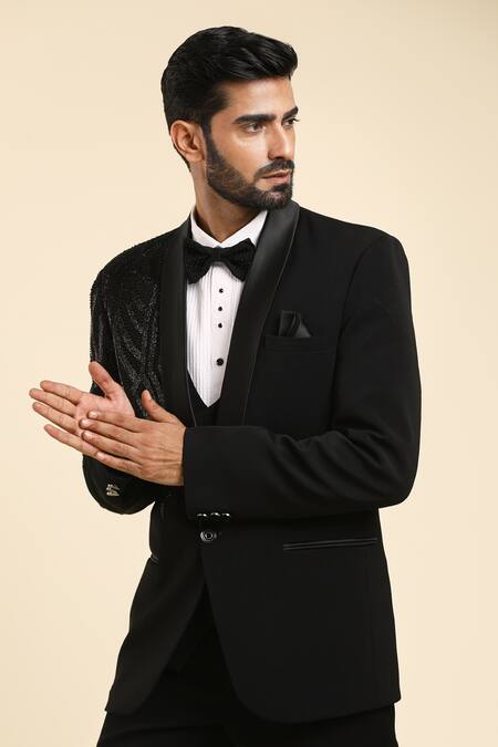 Arihant Rai Sinha_Black , Satin, Polyester Cut Abstract Wave Embroidered Tuxedo Set _at_Aza_Fashions
