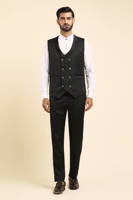 Arihant Rai Sinha_Black Satin, Cotton, Suede, Wool, Abstract Wave Embroidered Tuxedo Set _Online_at_Aza_Fashions