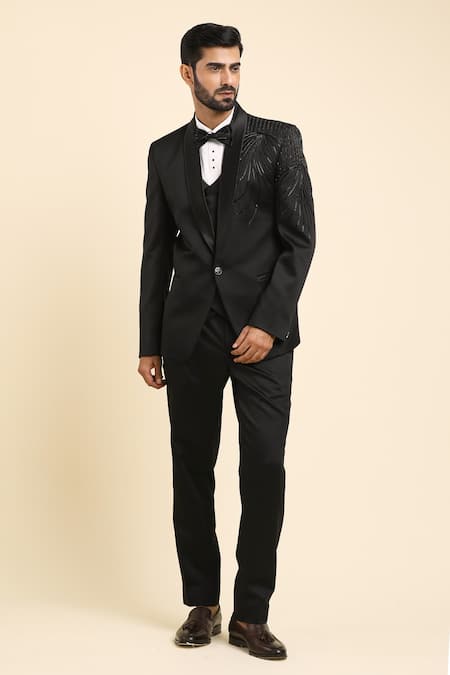 Shop_Arihant Rai Sinha_Black Satin, Cotton, Suede, Wool, Abstract Wave Embroidered Tuxedo Set _Online_at_Aza_Fashions