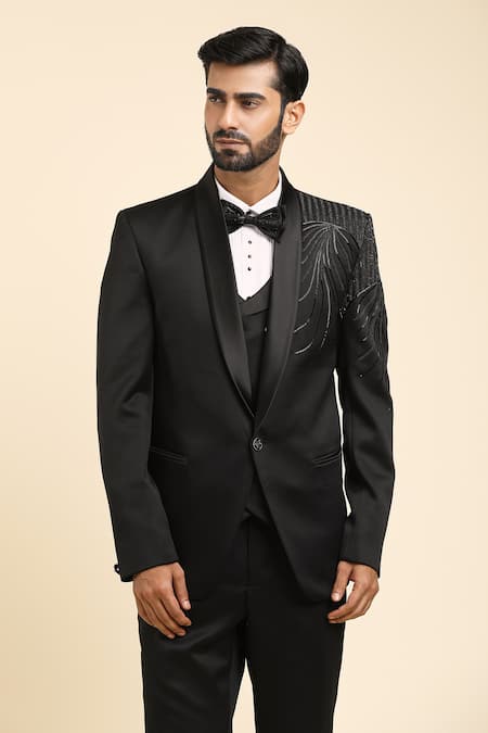 Arihant Rai Sinha_Black Satin, Cotton, Suede, Wool, Abstract Wave Embroidered Tuxedo Set _at_Aza_Fashions