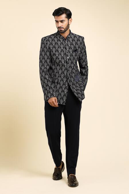 Arihant Rai Sinha_Blue Velvet, Cotton Embroidery Floral Bandhgala With Trouser_Online_at_Aza_Fashions