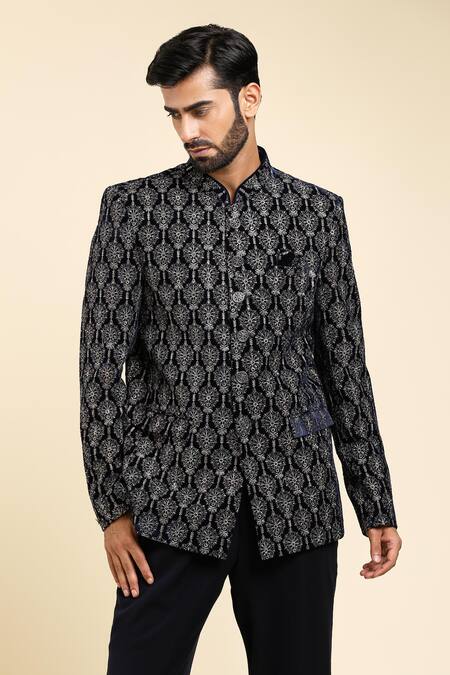 Buy_Arihant Rai Sinha_Blue Velvet, Cotton Embroidery Floral Bandhgala With Trouser_Online_at_Aza_Fashions