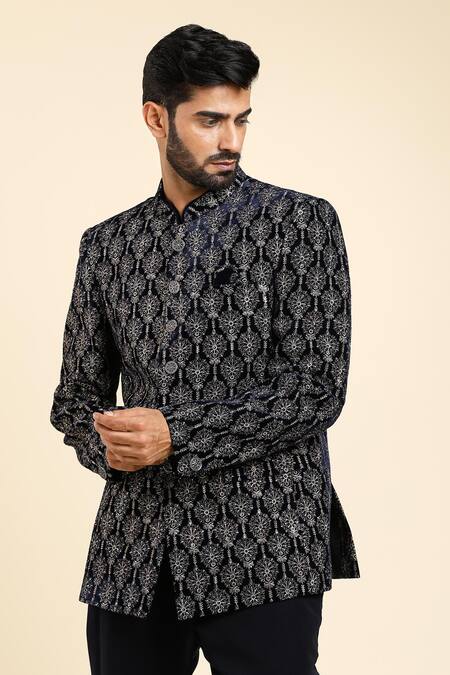 Shop_Arihant Rai Sinha_Blue Velvet, Cotton Embroidery Floral Bandhgala With Trouser_Online_at_Aza_Fashions