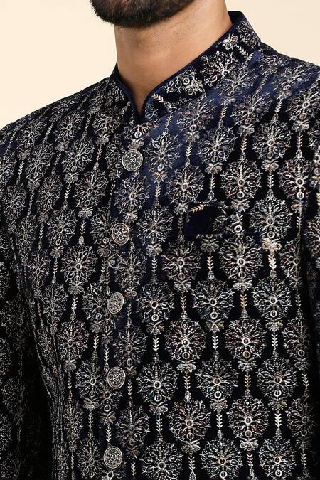 Arihant Rai Sinha_Blue Velvet, Cotton Embroidery Floral Bandhgala With Trouser_at_Aza_Fashions