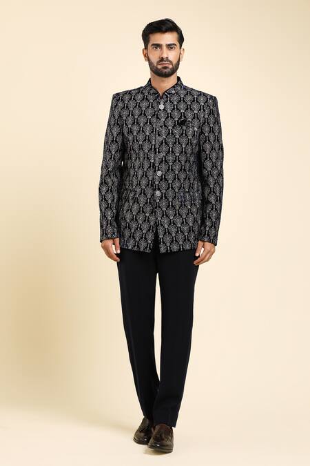 Buy_Arihant Rai Sinha_Blue Velvet, Cotton Embroidery Floral Bandhgala With Trouser