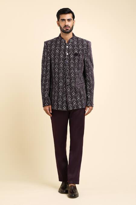 Arihant Rai Sinha_Wine Velvet, Suede Cut Work Floral Jharokha Embroidered Bandhgala With Trouser _Online_at_Aza_Fashions