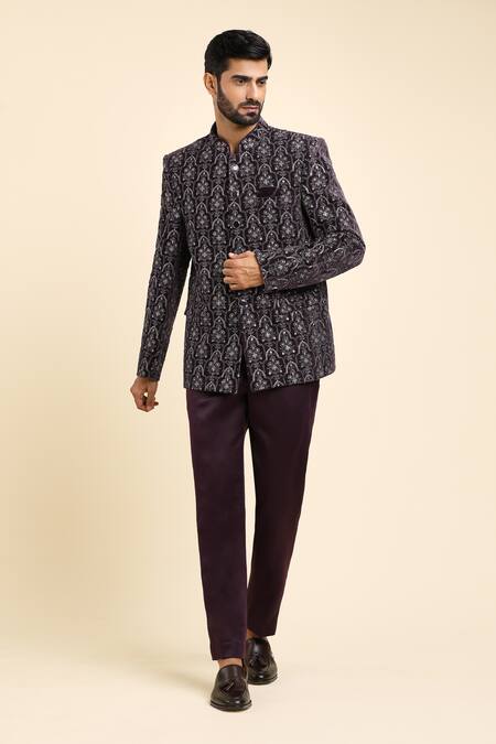 Buy_Arihant Rai Sinha_Wine Velvet, Suede Cut Work Floral Jharokha Embroidered Bandhgala With Trouser _Online_at_Aza_Fashions