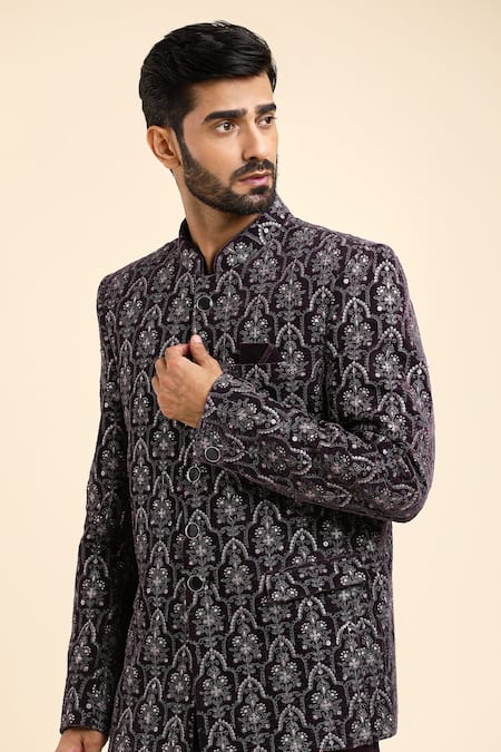 Shop_Arihant Rai Sinha_Wine Velvet, Suede Cut Work Floral Jharokha Embroidered Bandhgala With Trouser _Online_at_Aza_Fashions