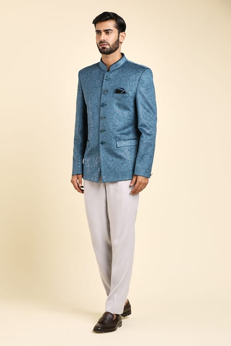 Arihant Rai Sinha_Blue Velvet, Suede Embroidery Geometric Pattern Bandhgala With Trouser _Online_at_Aza_Fashions