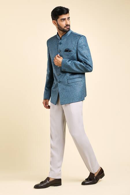 Buy_Arihant Rai Sinha_Blue Velvet, Suede Embroidery Geometric Pattern Bandhgala With Trouser _Online_at_Aza_Fashions