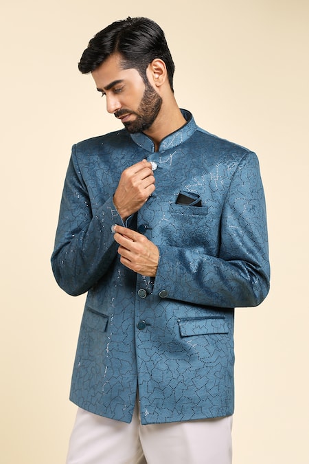 Shop_Arihant Rai Sinha_Blue Velvet, Suede Embroidery Geometric Pattern Bandhgala With Trouser _Online_at_Aza_Fashions