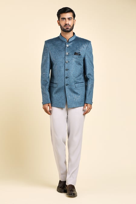 Arihant Rai Sinha_Blue Velvet, Suede Embroidery Geometric Pattern Bandhgala With Trouser _at_Aza_Fashions