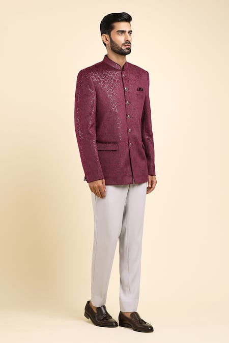 Arihant Rai Sinha_Purple Velvet, Suede Embroidery Geometric Pattern Bandhgala And Trouser Set _Online_at_Aza_Fashions