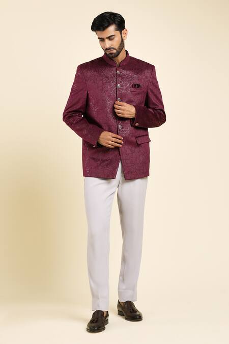 Buy_Arihant Rai Sinha_Purple Velvet, Suede Embroidery Geometric Pattern Bandhgala And Trouser Set _Online_at_Aza_Fashions
