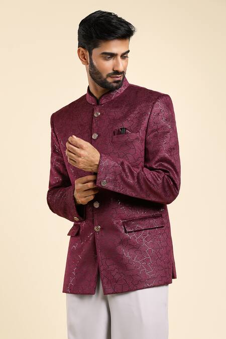 Shop_Arihant Rai Sinha_Purple Velvet, Suede Embroidery Geometric Pattern Bandhgala And Trouser Set _Online_at_Aza_Fashions