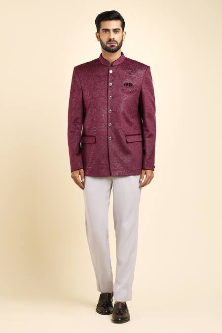 Arihant Rai Sinha_Purple Velvet, Suede Embroidery Geometric Pattern Bandhgala And Trouser Set _at_Aza_Fashions