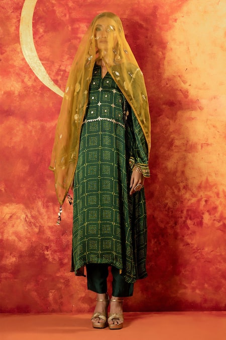 PRAHNAAYA Green Kurta Handblocked Ajrakh Satin Silk Hand Embroidered Sitara Pant Set 