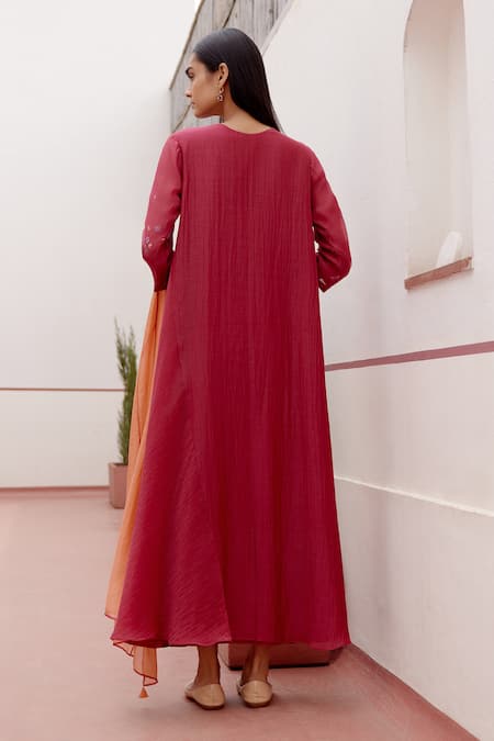 Shop Vaayu Red Cotton, Muslin Embroidery Round Neck Thread Applique Anarkali With Dupatta at Aza Fashions Shop_Vaayu_Red Cotton, Muslin Embroidery Round Neck Thread Applique Anarkali With Dupatta _at_Aza_Fashions