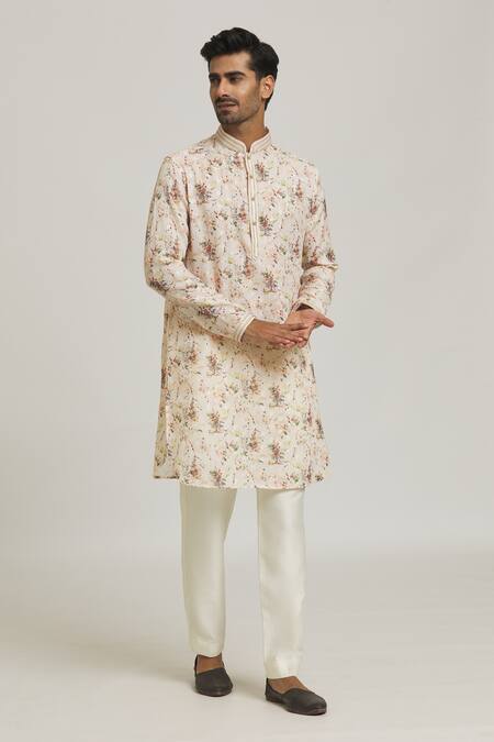 Buy_Nero By Shaifali And Satya_Beige Ruby Silk Printed Floral Kurta And Aligadi Pant Set_Online_at_Aza_Fashions