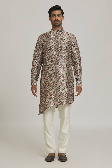 Nero By Shaifali And Satya_Multi Color Art Silk Printed Leaf Asymmetric-cut Kurta Set_Online_at_Aza_Fashions