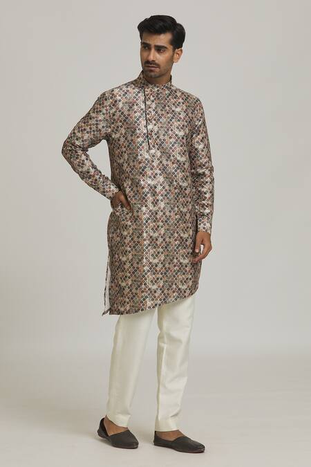 Buy_Nero By Shaifali And Satya_Multi Color Art Silk Printed Leaf Asymmetric-cut Kurta Set_Online_at_Aza_Fashions